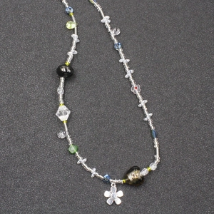 French vintage colorful beaded necklace with crystal heart and silver flower pendant