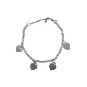 Silver stainless steel chain bracelet with four hammered heart pendants and lobster clasp