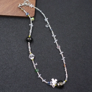 French vintage handmade beaded necklace with crystal heart and metal flower pendant