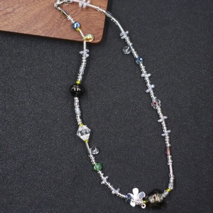 French vintage crystal heart flower necklace with handcrafted beads and floral pendant