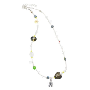 French vintage crystal heart and floral beaded necklace with silver flower pendant