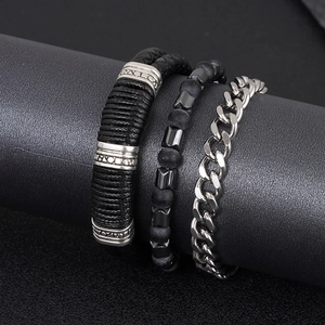 Men's punk style 3-piece bracelet set with black leather, matte beads and silver metal chains