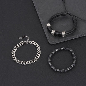 Vintage men's 3-piece set featuring braided leather, silver alloy chain, and hematite bead bracelets