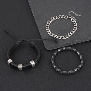 Men's 3-piece punk set with silver cuban chain, black leather wrap and stone bead bracelets