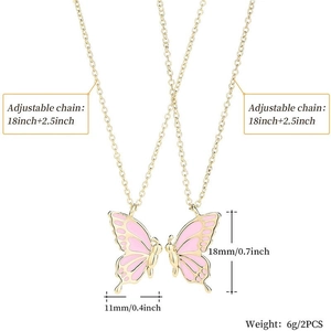 Detailed view of alloy butterfly pendant necklaces with pink enamel for couples