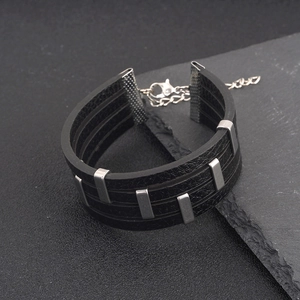 Punk Multi-layer Black Leather Bracelet For Men Women Silver Alloy Studs Handmade Adjustable Wrap Bracelet Jewelry Gift