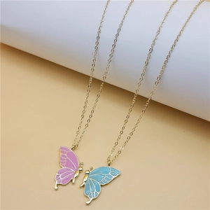 Minimalist alloy butterfly pendant necklaces in pink and blue enamel with gold chains