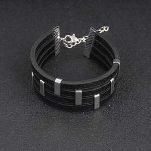 Punk style multi-layer black leather bracelet with silver metal charms and lobster clasp