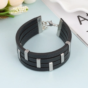 Minimalist black multi-layer leather bracelet with silver studs and lobster clasp