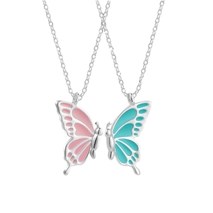 Fashionable alloy butterfly necklace set with pink and teal enamel wings for couples