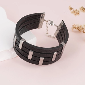 Minimalist multi-layer black leather bracelet with silver metal charms and lobster clasp