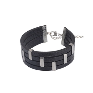 Black multi-layer leather bracelet featuring six silver metal buckles and lobster clasp