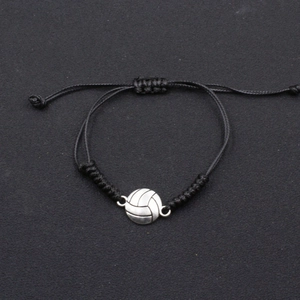 Handmade woven volleyball bracelet with adjustable black cord and silver alloy charm