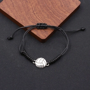 Handmade woven volleyball charm bracelet with adjustable black wax cord and silver alloy ball