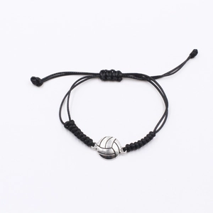 Handmade woven volleyball sports bracelet with adjustable black rope and alloy charm