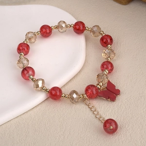 Handmade Synthetic Crystal Crackle Bead Butterfly Charm Bracelet For Girls Kids Electroplated Alloy Jewelry Birthday Gift