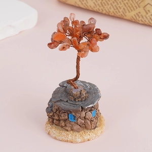 Natural orange crystal tree of life ornament on stone house base for desktop decoration
