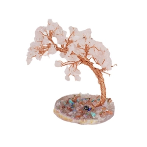 Handmade rose gold wire crystal life tree ornament with pink quartz and stone base