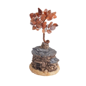 Natural crystal life tree with red agate stones and rustic stone house resin base decoration