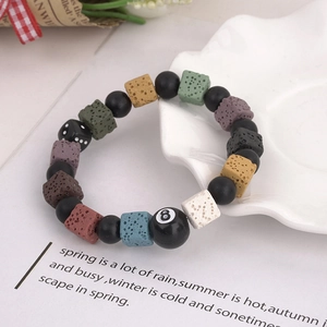 Unisex Volcanic Stone Beaded Bracelet Alloy 8-Ball Dice Charm Personalized Hip Hop Streetwear Elastic Hand Jewelry