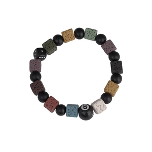 Elastic volcano stone bracelet with black 8 ball and colorful dice beads for men and women