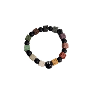 Lava stone bead bracelet with colorful cubes and black number eight billiard ball element