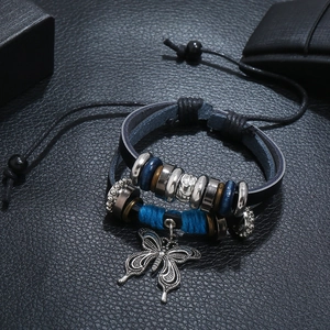 Multilayer leather beaded bracelet with an alloy butterfly charm and blue wooden rings