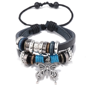 Handmade multilayer leather bracelet featuring a vintage silver butterfly pendant charm