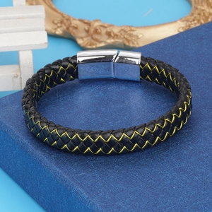 Men's black braided leather bracelet with yellow thread and stainless steel magnetic clasp