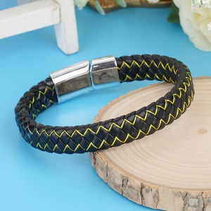 Braided black leather bracelet with yellow stitching and magnetic stainless steel clasp