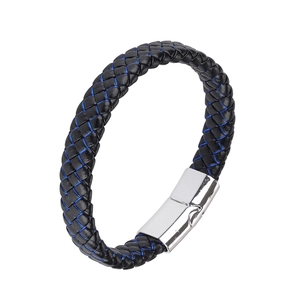 Braided black leather bracelet with blue silk thread and polished magnetic steel buckle