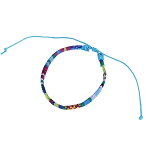 Colorful Bohemian hand-woven cotton linen friendship bracelet with adjustable blue cords
