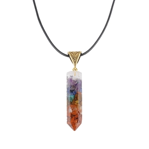 Chakra necklace featuring a hexagonal resin pendant with colorful healing crystals