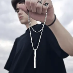 Minimalist silver rectangular bar pendant necklace with sleek link chain for men