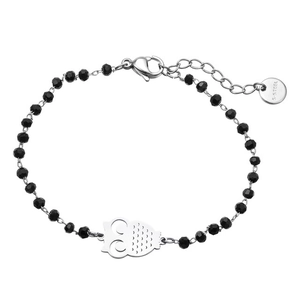 Adjustable black beaded bracelet with owl pendant and S-Steel lobster clasp