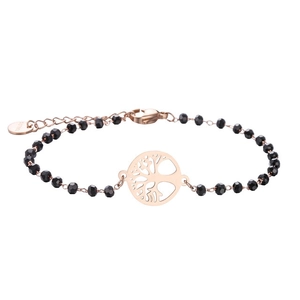 Rose gold stainless steel bracelet with black faceted beads and Tree of Life charm