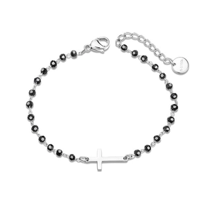 Stainless steel beaded bracelet featuring black faceted beads and a horizontal cross