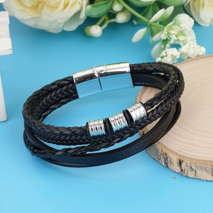Vintage Men Multilayer Braided Leather Rope Bracelet With Alloy Magnetic Clasp Black Punk Handwoven Jewelry For Men Casual
