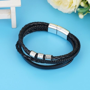 Men's multilayer black woven leather bracelet with silver magnetic alloy clasp and metal beads