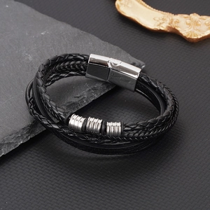 Men's multilayer black braided leather bracelet with silver magnetic buckle and metal rings