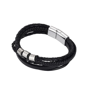 Men's multilayer braided leather bracelet with silver metal rings and magnetic clasp