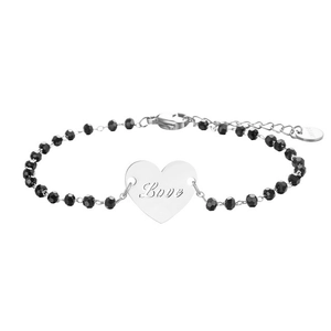 Silver stainless steel bracelet with black faceted beads and engraved Love heart charm