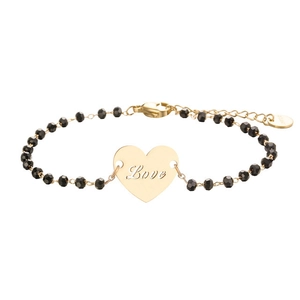 Adjustable stainless steel bracelet with faceted black beads and gold Love heart charm
