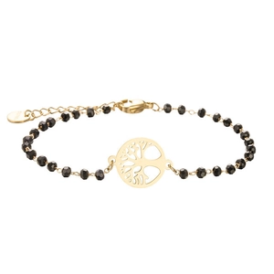 Adjustable stainless steel beaded bracelet with golden tree of life pendant and black beads
