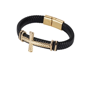 Pulsera punk para hombre de cuero trenzado con cruz dorada y cierre magnético