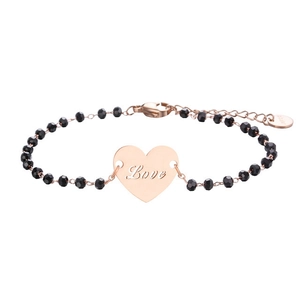 Adjustable rose gold heart bracelet with black beads and Love engraving detail