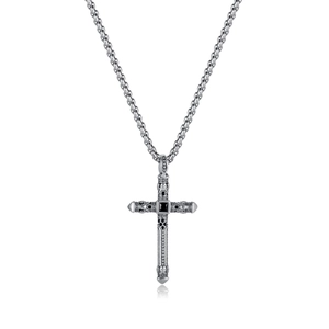 Collar de hombre con colgante de cruz gótica de acero inoxidable y piedras negras