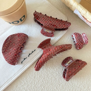 Set of large red plaid hair claws with strawberry patterns for French twist styles