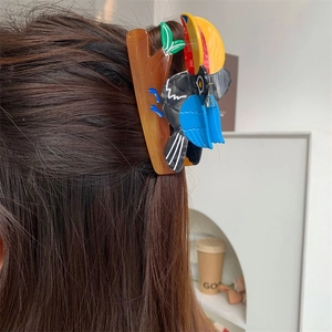 Detail of colorful hornbill bird hair claw clip worn on long brown hair in a lifestyle setting