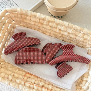 Set of 4 red plaid acrylic claw clips with strawberry patterns in various elegant shapes